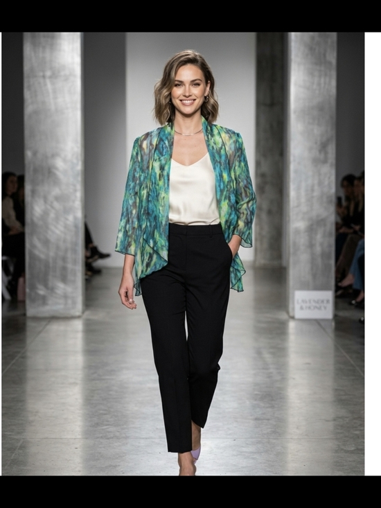 lavender honey Tops - Green Watercolor Open-Front Jacket Trousers See True